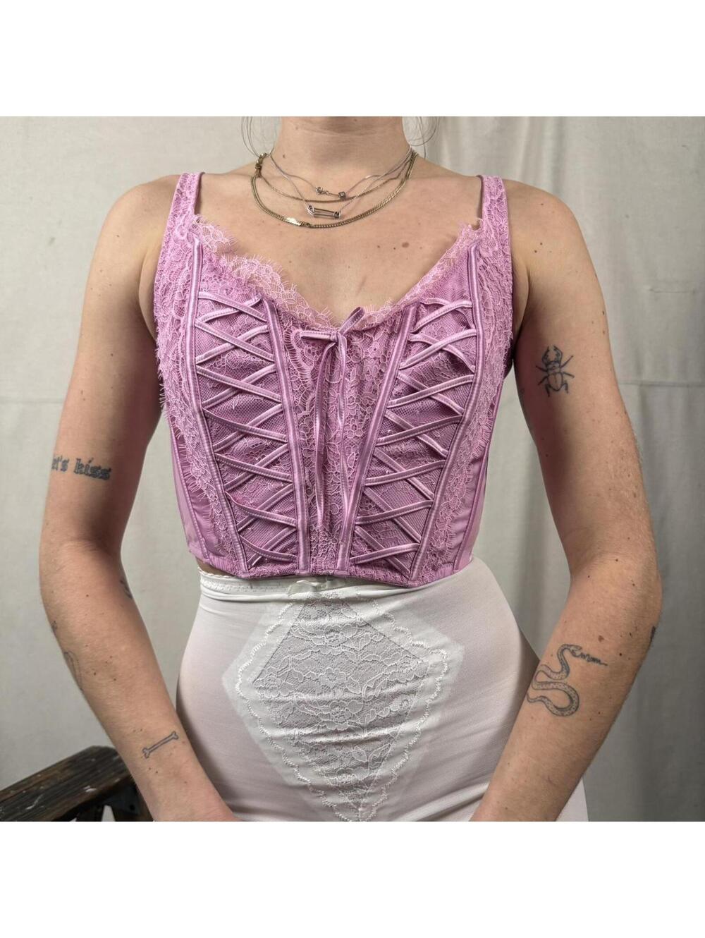Pink lace corset top with boning and lace up back